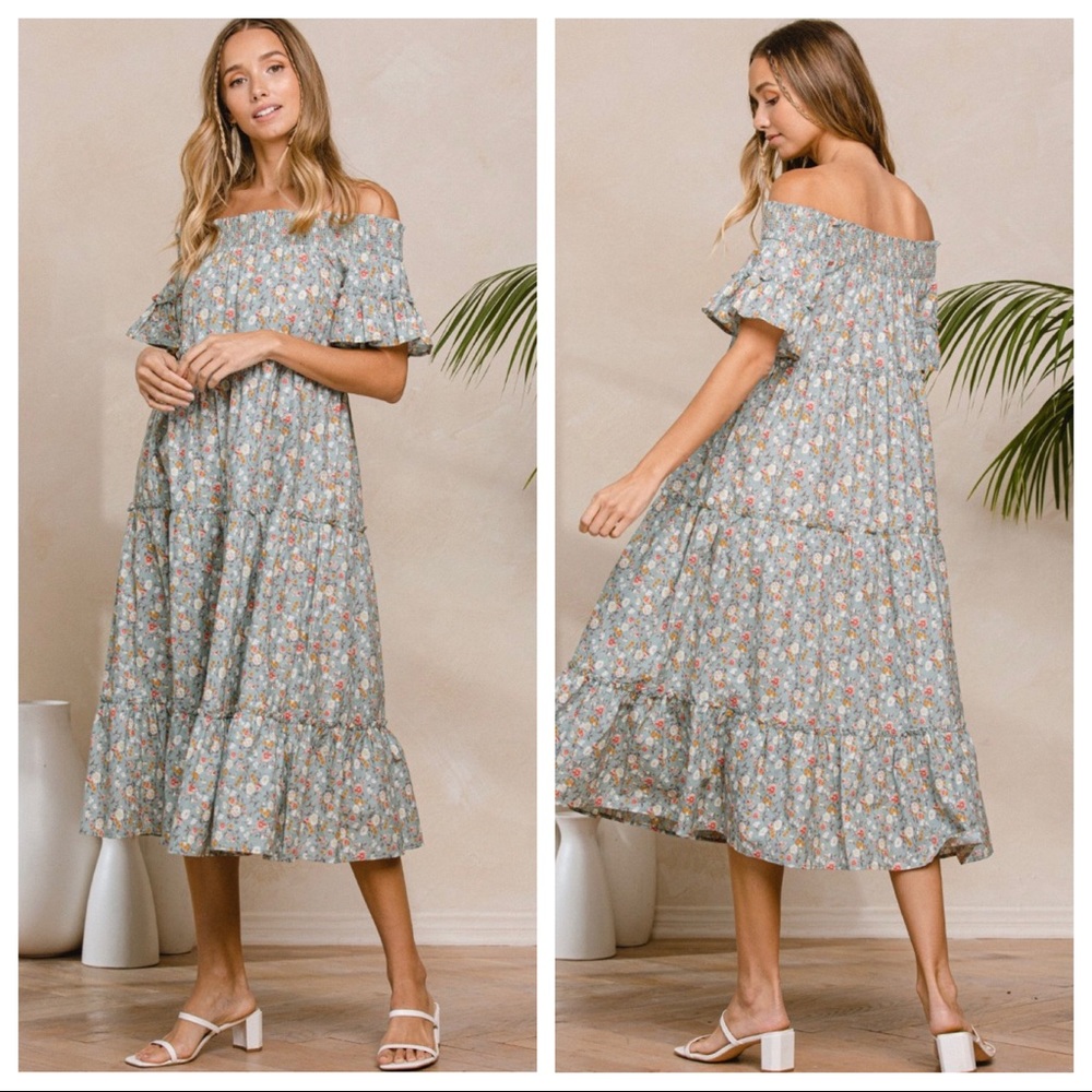 Boho Chic Off The Shoulder Floral Midi Dress - Picture 3 of 5